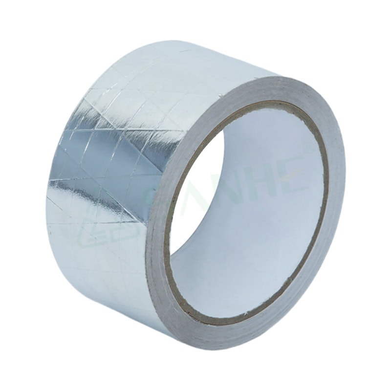 Close-up of a shiny aluminum HVAC tape roll used for sealing and insulating ductwork in heating, ventilation, and air conditioning systems.